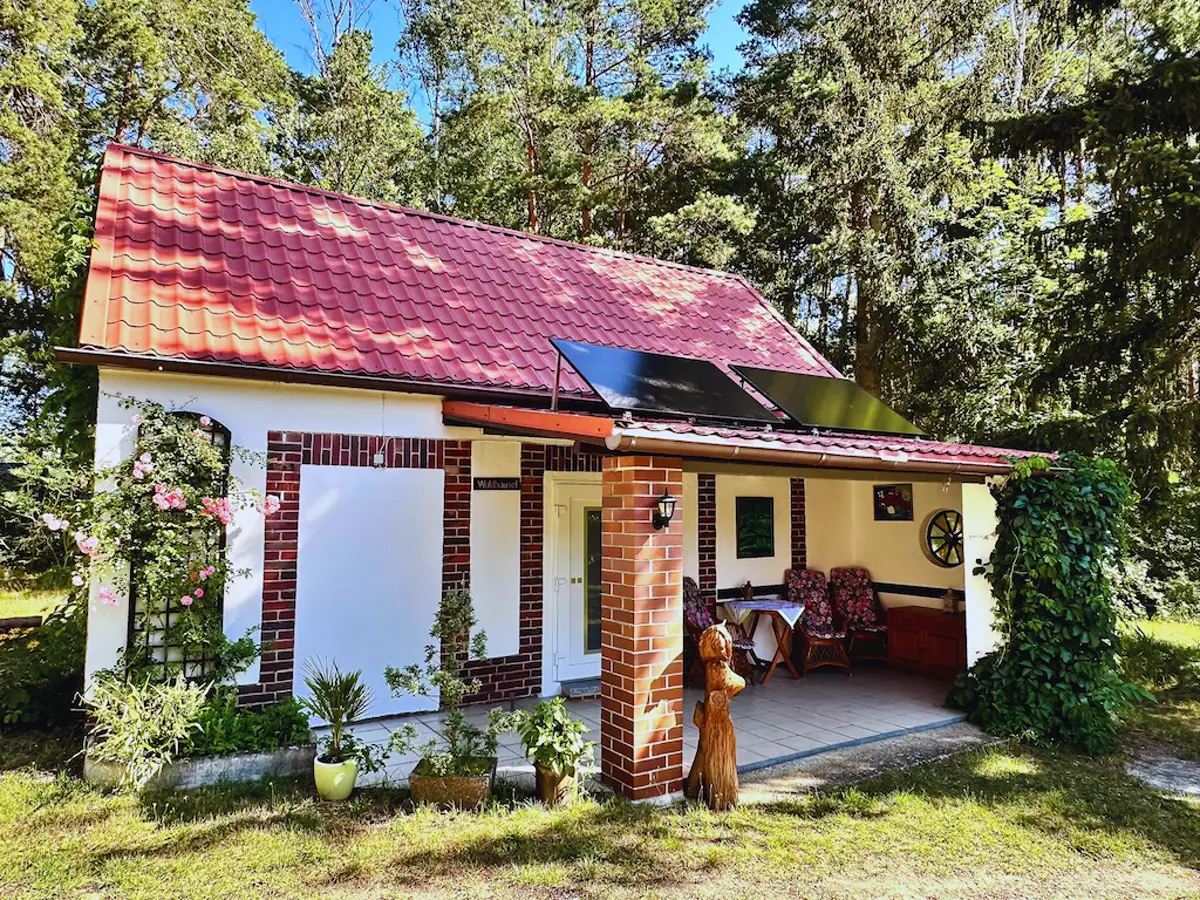 Ferienhaus Tornower Waldhäusl mit rotem Dach zwischen Kiefern